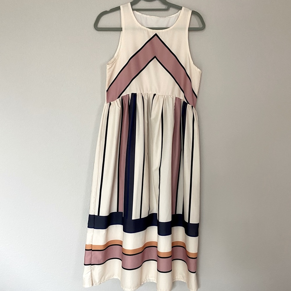 Pink, Navy, and Ivory Stripe Spring Midi Dress Size: Small
